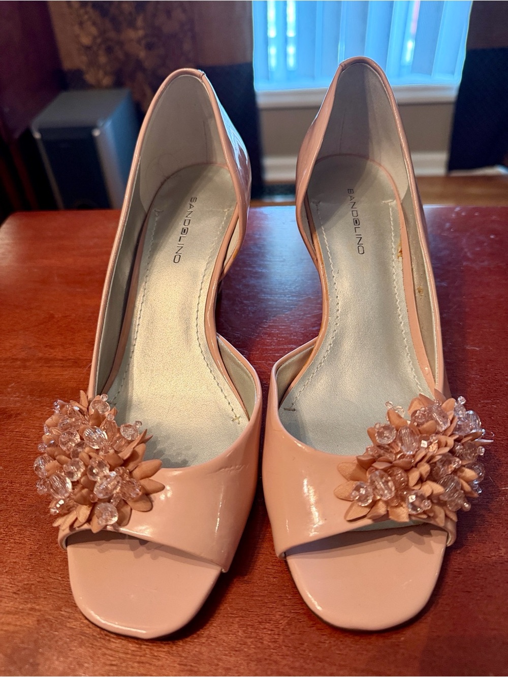 Bandolino Dusty Rose Pink Open Toe Heels with Beads, Size 9